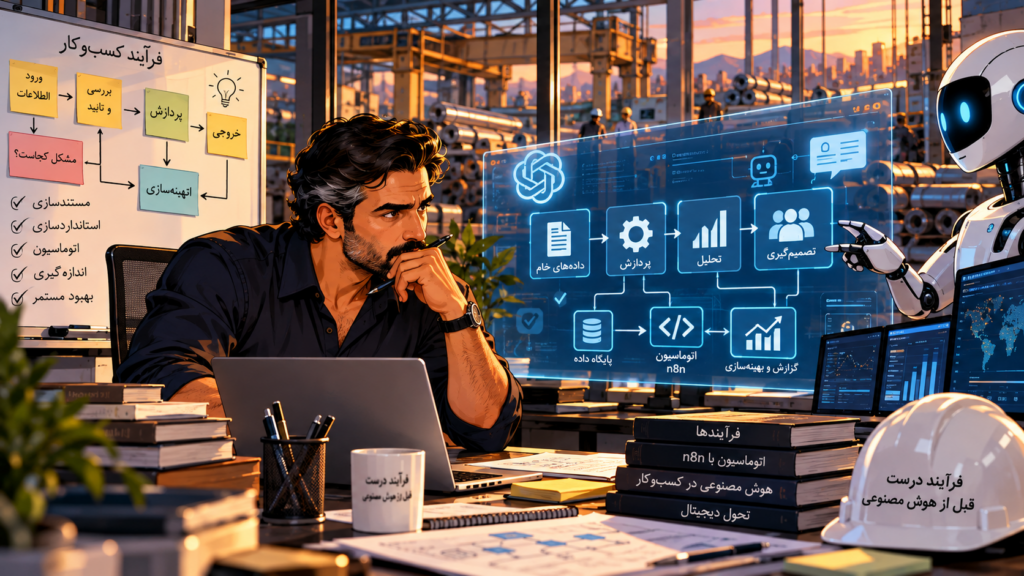 تصویر کارتونی مدیر در کنار دستیار هوشمند و نقشه اجرای اتوماسیون کسب‌وکار | Cartoon illustration of a manager with an AI assistant and a practical business automation roadmap