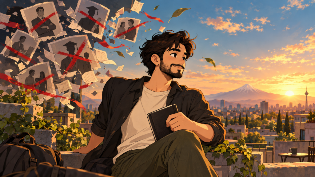 تصویر کارتونی مردی در طلوع آفتاب در حال رها کردن انتظارها و شروع دوباره | Cartoon illustration of a man at sunrise letting go of expectations and starting again