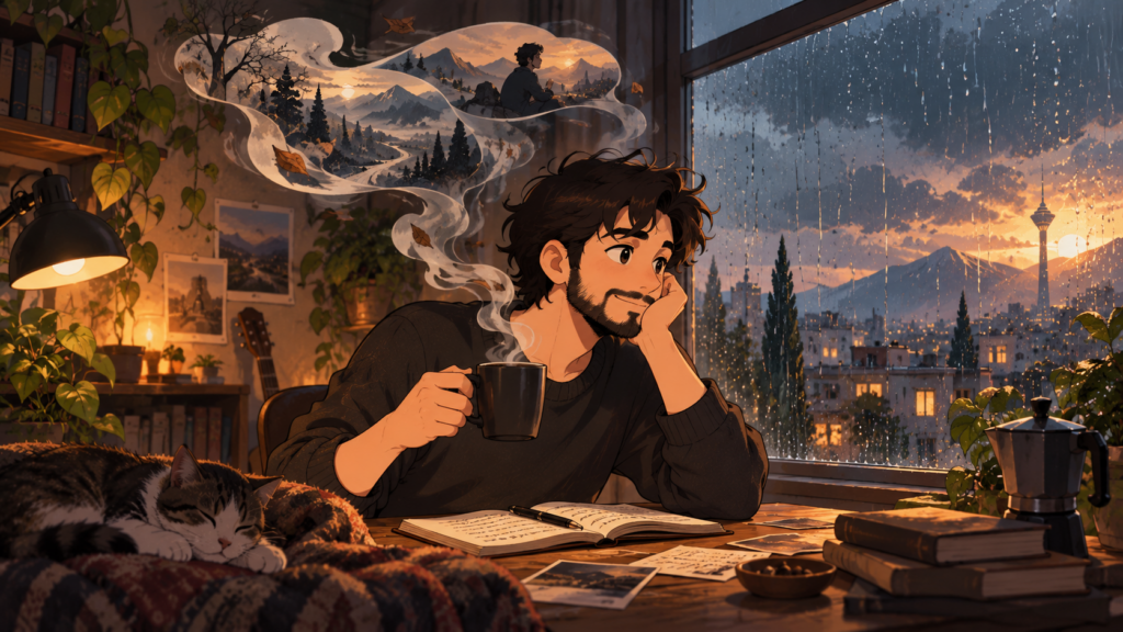 تصویر کارتونی مردی کنار پنجره بارانی با قهوه تلخ و دفتر یادداشت | Cartoon illustration of a man by a rainy window with black coffee and a notebook