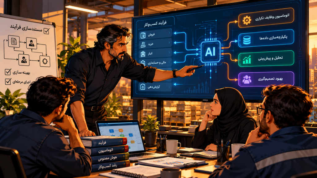 تصویر کارتونی تیم مدیریتی در حال تحلیل داده‌های فروش، خرید، موجودی و عملیات | Cartoon illustration of a management team analyzing sales, purchasing, inventory, and operational data
