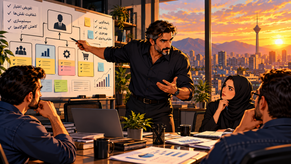 تصویر کارتونی جلسه مدیریتی درباره شفافیت نقش‌ها، پاسخ‌گویی و اجرای منظم | Cartoon illustration of a management meeting about role clarity, accountability, and disciplined execution