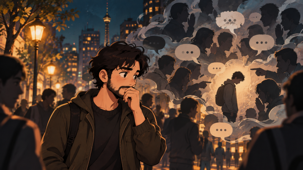 تصویر کارتونی مردی متفکر میان شایعه‌ها و قضاوت‌های جمعی | Cartoon illustration of a thoughtful man amid rumors and collective judgment