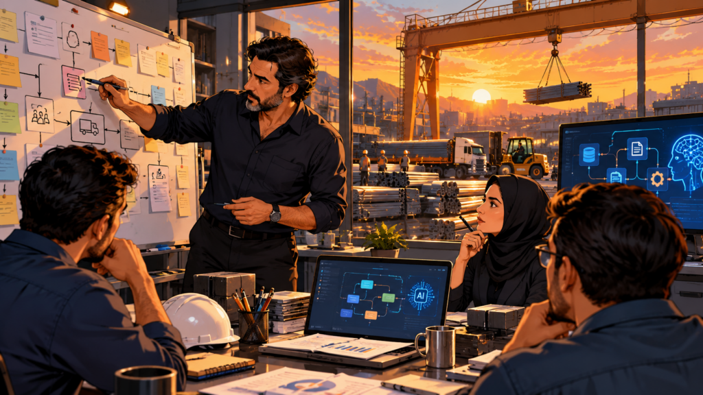 تصویر کارتونی تیم صنعتی در حال طراحی فرآیند و اتوماسیون هوش مصنوعی پیش از پیاده‌سازی ابزارها | Cartoon illustration of an industrial team mapping processes and AI automation before implementation