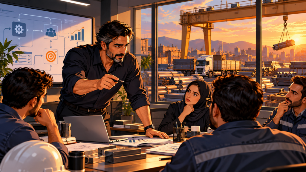تصویر کارتونی مدیر و تیم در جلسه مدیریتی با تمرکز بر تفویض اختیار و سیستم‌سازی | Cartoon illustration of a manager and team discussing delegation and organizational systems
