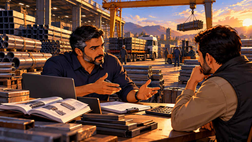 تصویر کارتونی مذاکره واقعی میان فروشنده و خریدار فولاد در محوطه صنعتی | Cartoon illustration of a real-world steel sales negotiation in an industrial yard