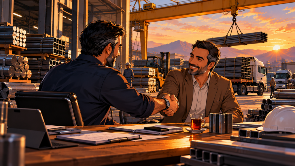 تصویر کارتونی مذاکره و دست‌دادن دو فعال کسب‌وکار در محیط فولادی | Cartoon illustration of a trust-based business handshake in a steel-industry setting