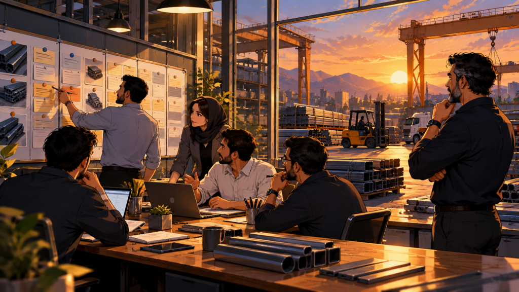 تصویر کارتونی تیم فروش در حال کار با یک سیستم مشترک در شرکت فولادی | Cartoon illustration of a steel sales team working through a shared sales system