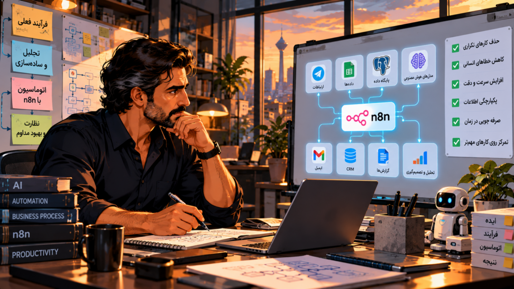 تصویر کارتونی طراحی یک دستیار هوشمند با n8n، داده‌ها و ابزارهای ارتباطی | Cartoon illustration of building an intelligent assistant with n8n, data, and communication tools