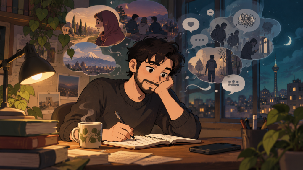 تصویر کارتونی نویسنده در حال نوشتن میان خاطره‌ها و افکار | Cartoon illustration of a writer surrounded by memories and thoughts