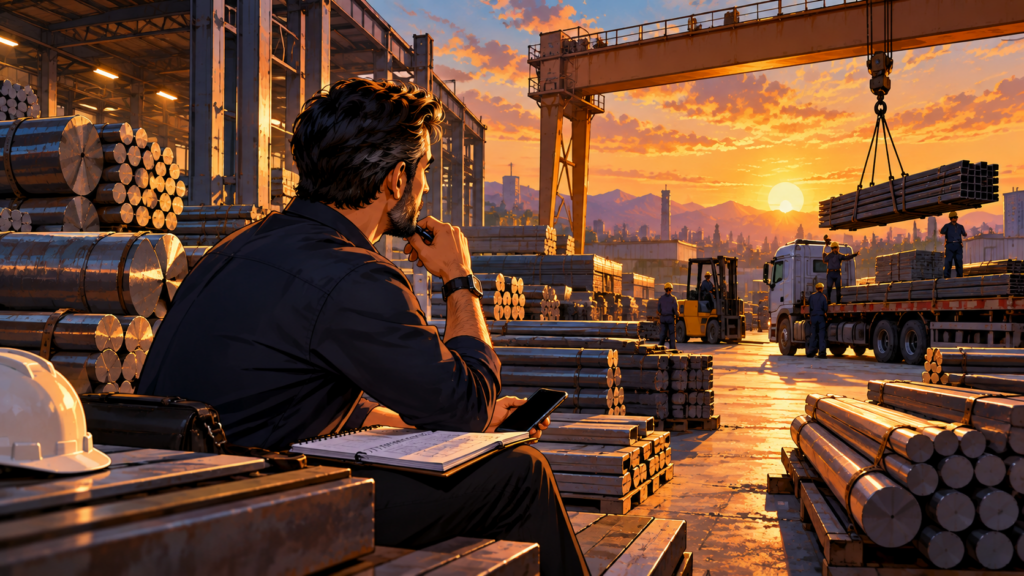 تصویر کارتونی مدیر فروش در انبار فولاد با تجربه بازار و عملیات بارگیری | Cartoon illustration of an experienced steel sales manager in a steel warehouse